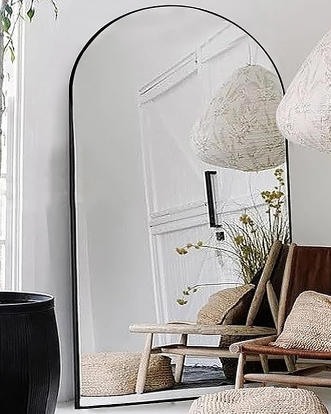 Floor Mirror, 90"×46" Arched Full Length with Stand, Standing, Full Body, Large, Wall, Freestanding, Aluminum Frame - Black