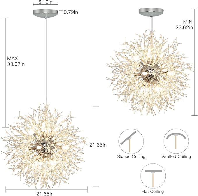 Depuley Crystal Chandeliers, 12 Lights Modern Dandelion Firework Sputnik Chandelier Pendant Light Fixtures for Living Room, Dining Room, Bedroom, Kitchen, Porch, G9 Bulbs