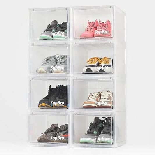 SupBro Collection Crate - Easy Access Storage Shoes Box -Plastic Foldable Stackable Sneaker Display Storage with Clear Front Door Organizer-8 Pack (Transparent)