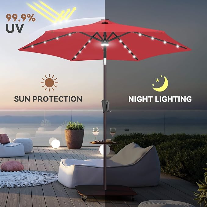 7.5ft Solar Umbrella Outdoor - Lighted Solar Patio Umbrella with 24 LED Lights Waterprool UV Protection, Table Umbrella with Tilt for Pool, Porch, Garden, Deck, Backyard (Red)