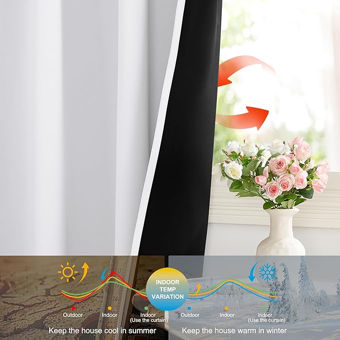NICETOWN 100% Blackout Curtain Panels, Rod Pocket Window Curtains with Black Liner for Nursery, 84 inches Drop Cold and Full Light Blocking Draperies (White, 2 Pieces, 52 inches Wide Each Panel)