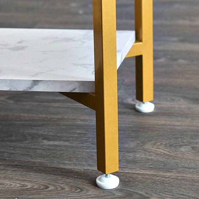 Household Essentials Crown Square Side End Table with Storage Shelf White Marble and Gold Metal