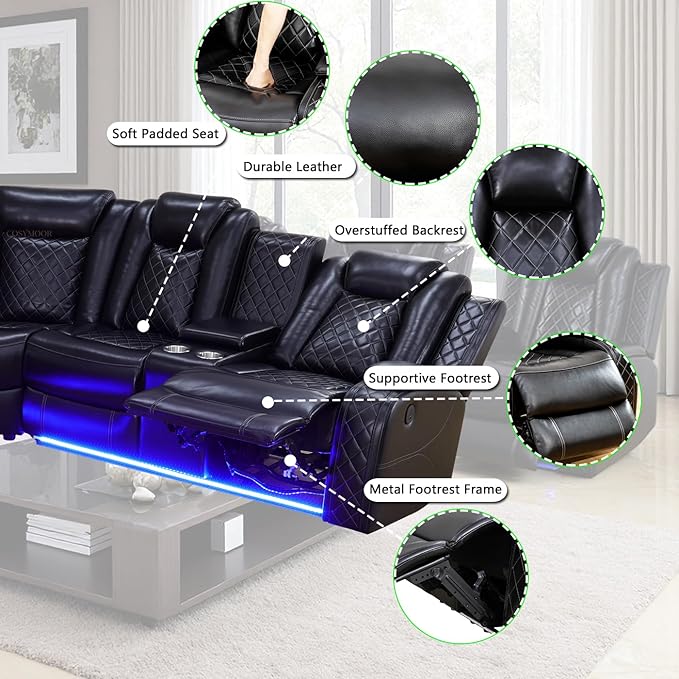 Power Reclining Sectional Sofa Set with LED Light, Leather Sectional Couches, Living Room Furniture Sets, Modern Power Recliner Sofa Sets with 3 Recliner Seater, Couches for Living Room