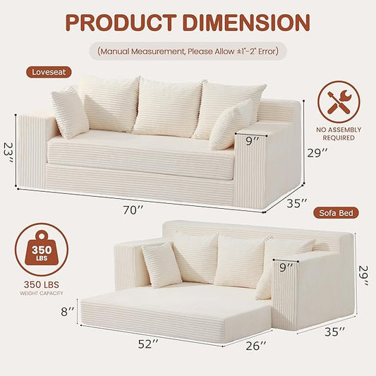 Convertible Sofa Bed, 5 in 1 Small Boneless Couch Pull Out Loveseat Sleeper Sofa,Corduroy Futon Couch Folding Mattress with 4 Pillows for Living Room (Beige, 3 Seater)