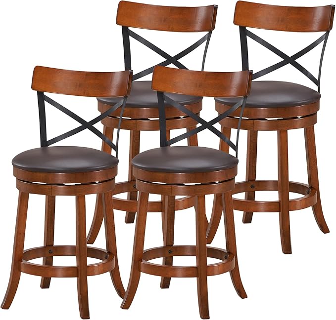 ERGOMASTER Swivel Bar-Stools Rubber Counter Height Barstool 24 Inch Seat Height Bar Chair Cappuccino X Open Back Heavy Duty for Kithcen Dining Bar（ 29 Inches, Set of 4）