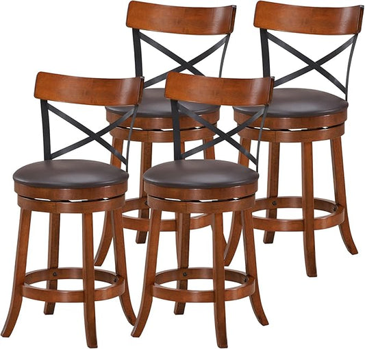 ERGOMASTER Swivel Bar-Stools Rubber Counter Height Barstool 24 Inch Seat Height Bar Chair Cappuccino X Open Back Heavy Duty for Kithcen Dining Bar（ 29 Inches, Set of 4）