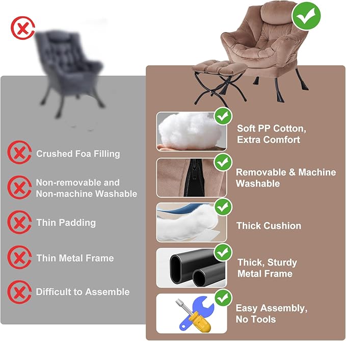 Lazy Chair with Ottoman, Modern Chair with Folding Footrest, Velvet Khaki Accent Chair, Comfortable Reading Chair, Oversized Armchairs for Bedroom, Study, Living Room, Courtyard