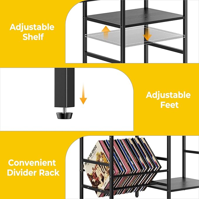 Record Player Stand with LED Light, Turntable Stand with Vinyl Storage - Up to 300+ Albums, 3-Tier Record Player Table Cabinet, Adjustable Shelf & V-Shaped Holder, Vinyl Display Shelf for Living Room