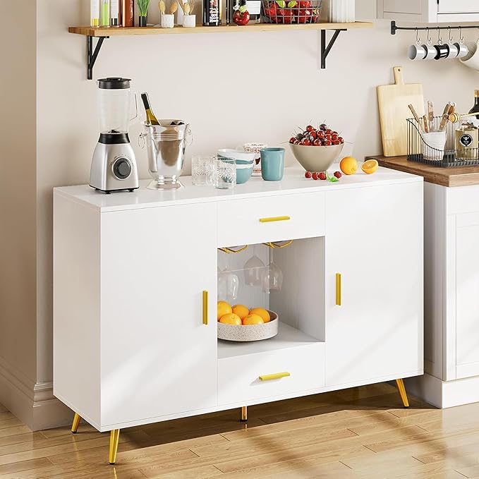 YITAHOME Sideboard Buffet, Buffet Cabinet Storage Credenza w/Adjustable Shelf, Wine Glass Holder, Drawers, Modern White & Gold Dresser 300 lbs Capacity for Living Room, Kitchen, Dining Room