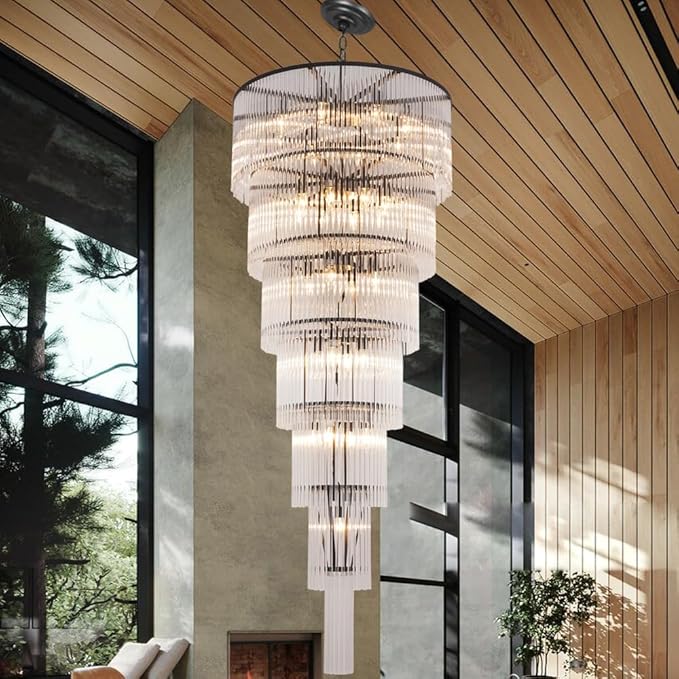 Black Glass Chandeliers for High Ceiling, 7-Tier Glass Rod Chandelier H71 Modern Foyer Entryway Ceiling Light Fixture for Staircase Living Room Entry Extra Long