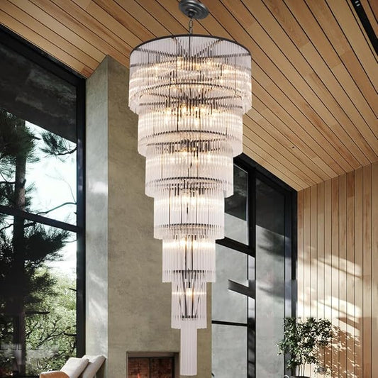 Black Glass Chandeliers for High Ceiling, 7-Tier Glass Rod Chandelier H71 Modern Foyer Entryway Ceiling Light Fixture for Staircase Living Room Entry Extra Long