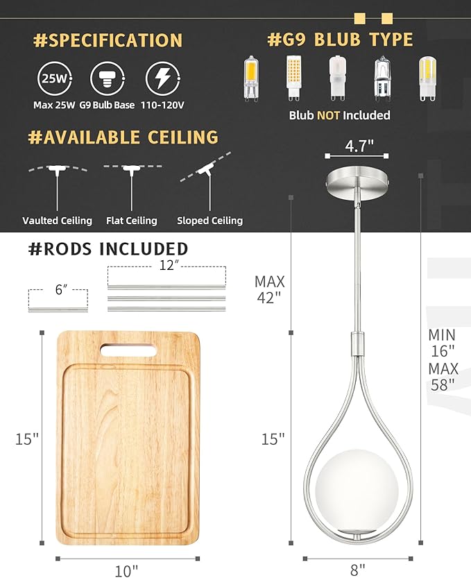 AUTELO Modern Pendant Lights Kitchen Island, 1-Light Pendant Lights in Brushed Nickel Finish with Milky White Globe Glass, Nickel Pendant Light Fixtures, Hanging Lamp for Kitchen Island H9377 MGST