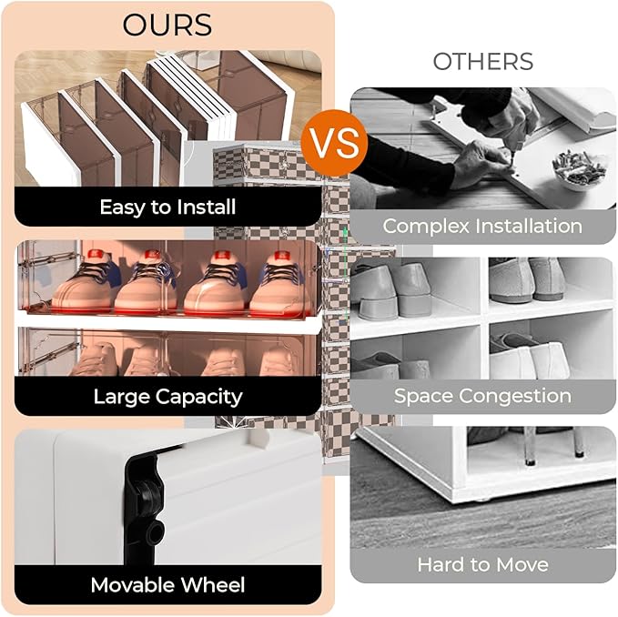 FAHKNS 9 Tier 18 Pairs Foldable Shoe Rack with Wheels, Portable Plastic Shoe Storage Cabinet with Clear Magnetic Doors Space Saving No Assembly for Entryway, Living Room, Closet