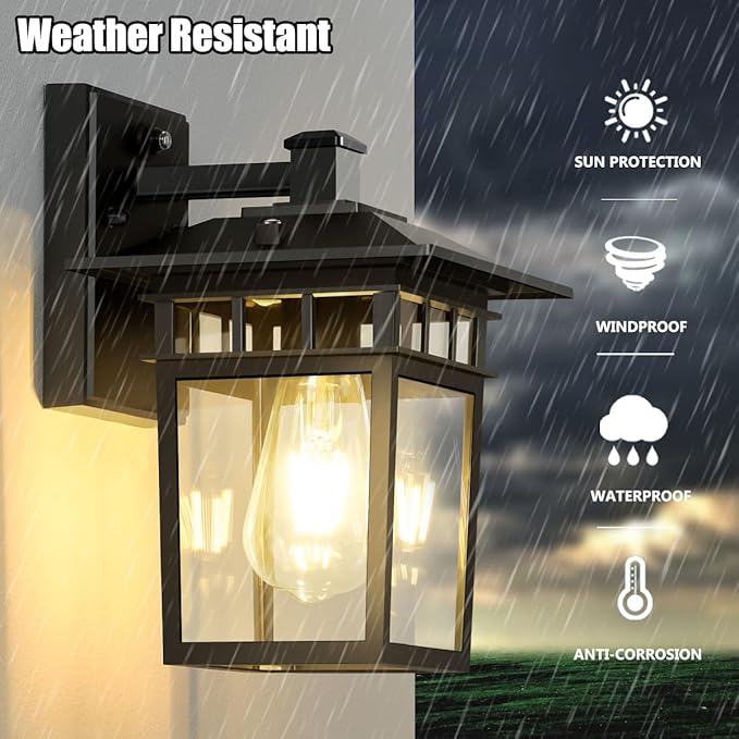 Dusk to Dawn Outdoor Lighting, Waterproof Exterior Wall Sconce Fixture for House, 100% Anti-Rust Aluminum Modern Outside Lights Fixtures Wall Mount for Porch, Garage, Front Door Black