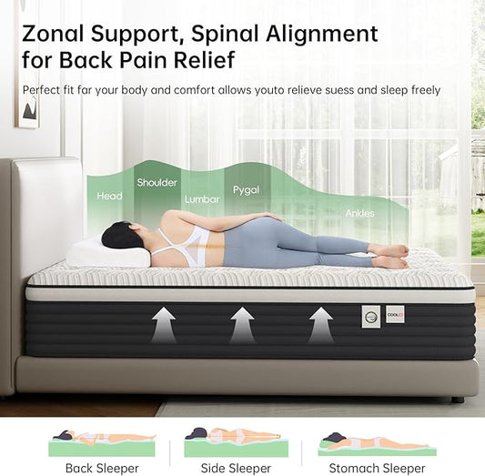 COOLMI King Size Mattress, 14 Inch Hybrid Memory Foam Mattress in a Box, Pressure Relief for Back Support, Medium Firm, Individually Pocket Springs, 100-Night Trial & CertiPUR-US Certified,Grey King