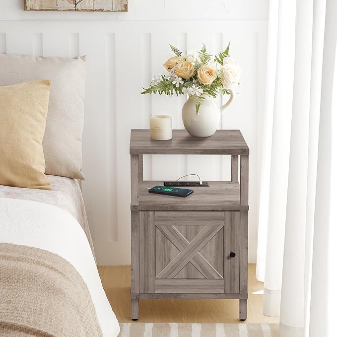 Farmhouse Nightstand with Charging Station, Greige Bedside Table with USB&Type-C Ports and Outlets, End Table with Storage, Night Stand for Bedroom, Greige ETGY96E01