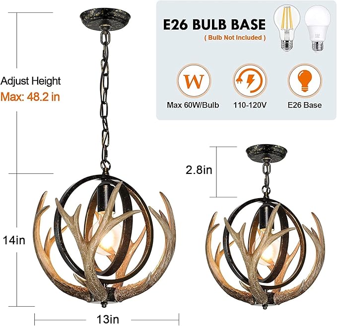 Rustic Antler Chandelier, 14" Farmhouse Chandelier with Resin 4 Antlers and Retro Metal Globe Chandelier Vintage Style for Dining Room, Kitchen, Hallway, Pendant Lights