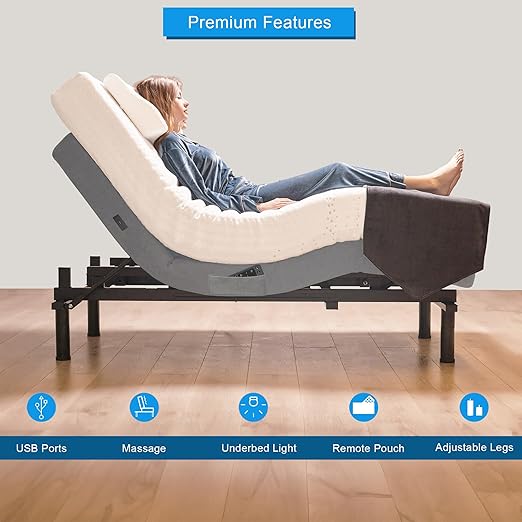 Queen Adjustable Bed Base | Dual Massage | USB Ports | Zero Gravity | Anti-Snore | Memory Positions | Under Bed Lighting | Wireless Remote | Zero Clearance
