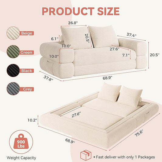 Jocoevol 4-in-1 Convertible Folding Sofa Bed, 68"L x 78"W Queen Size Foldable Sleeper Sofa Bed, Wide Corduroy Upholstery, Boneless Mattress Couch with Armrests & Neck Pillow for Living/Bedroom, Beige