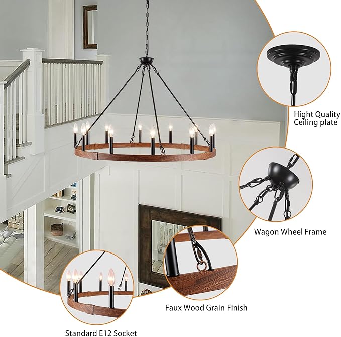 37.4 inch Wagon Wheel Chandelier with Wood Grain Finish, 12-Light Large Round Farmhouse Chandeliers for High Ceilings Dining Room Living Room Foyer Entryway Outdoor Porch