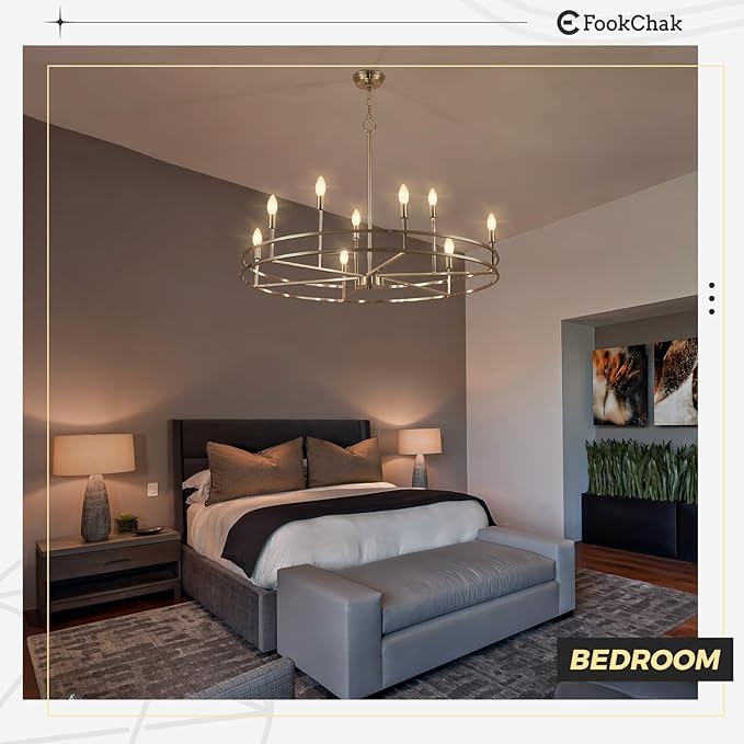 Modern Brushed Nickel Chandelier 9-Light Master Bedroom Chandelier Light Fixture Silver Metal Round Chandelier Living Room Lighting for Dining Room Bathroom Foyer Entrance, 35in