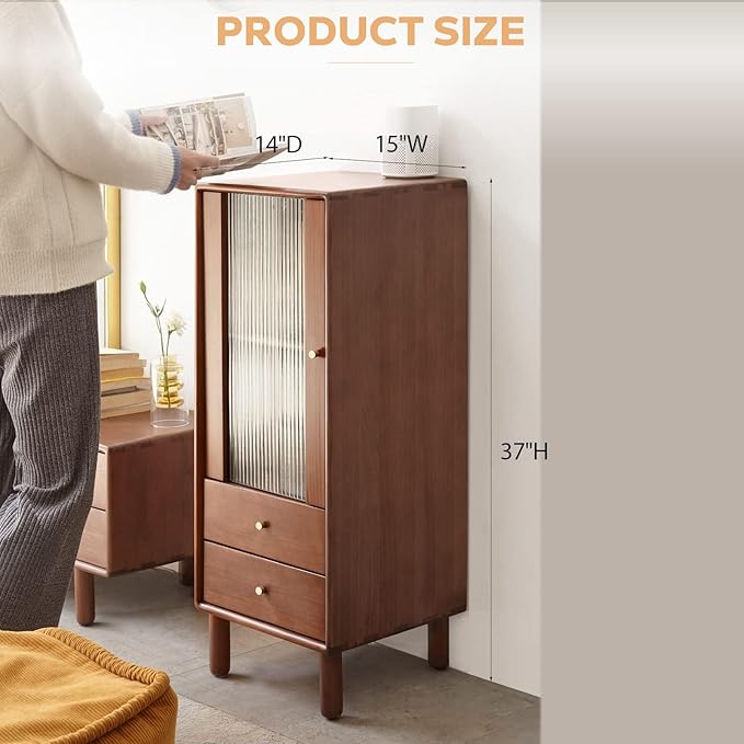 100% Solid Wood Storage Cabinet with Glass Doors and Drawers, Buffet Cabinet with Drawers, for Living Room, Reading Room, Kitchen (14" D x 15" W x 37" H)