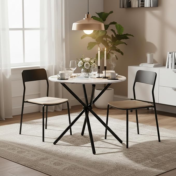 FurnitureR 31.5-Inch Round Dining Table for 2-4 People, Multifunctional Wooden Table for Cafe Restaurant Home Kitchen Dining Room, Unique Intersecting Pedestal Base and Metal Legs, White Marble