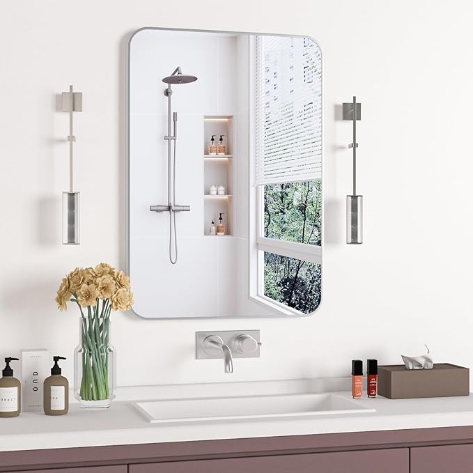 Manocorro Wall Mirror Bathroom Mirror, 20 x 28 Inch Silver Rectangular Mirror with Aluminum Alloy Frame, Rounded Corner Hanging Mirror Decor for Entryway, Bedroom, Living Room, Silver