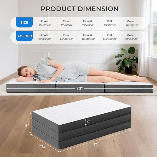 MASVIS Trifold Mattress, 6 Inch Memory Foam Foldable Mattress with Washable Cover, Tri-Folding Floor Bed for Camping, Full