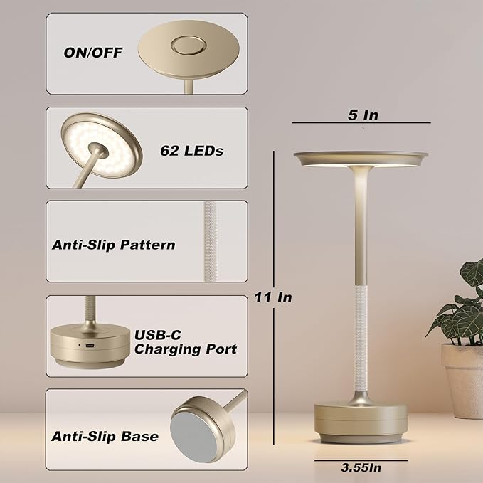 1 Pack Rechargeable Table Lamps Cordless, Portable 5000mAh Outdoor Table Light, 3 Color Stepless Dimming LED Table Lamp with Memory Function, for Home/Dinner/Patio/Restaurant.(Champagne Gold)