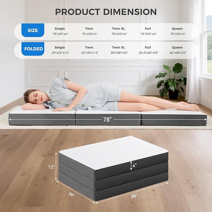 MASVIS Trifold Mattress, 4 Inch Memory Foam Foldable Mattress with Washable Cover, Tri-Folding Floor Bed for Camping, Twin XL
