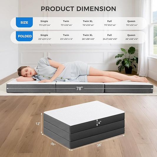 MASVIS Trifold Mattress, 4 Inch Memory Foam Foldable Mattress with Washable Cover, Tri-Folding Floor Bed for Camping, Twin XL