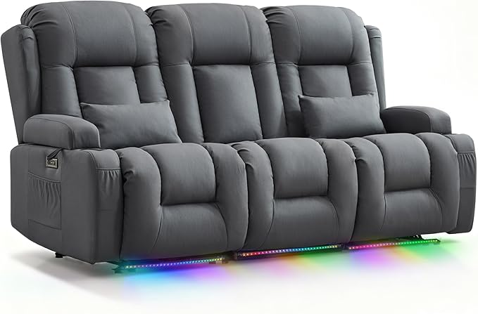 TUNYI Wall Hugger Loveseat Recliner Sofa with Console, Power Reclining Loveseat RV Couch with Massage & Heat/USB/Outlet/Storage/LED Light (Blue, 3 Seat)