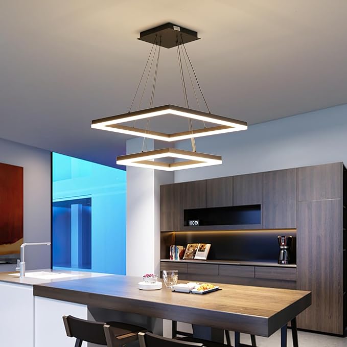 Modern LED Chandelier, 2-Light Black Ceiling Square Chandelier for Dining Room Light Fixtures Hanging Color Temperature and Height Adjustable Chandeliers for Living Room, Bedroom, Kitchen 15.7+23.6IN