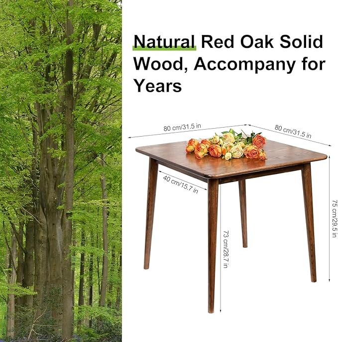 Square Dining Table 31.5“, Solid Wood Kitchen Table for Small Space, Mid-Century Modern Wooden Kitchen Dining Table, 31.5" L x 31.5" W x 29.5" H, Walnut
