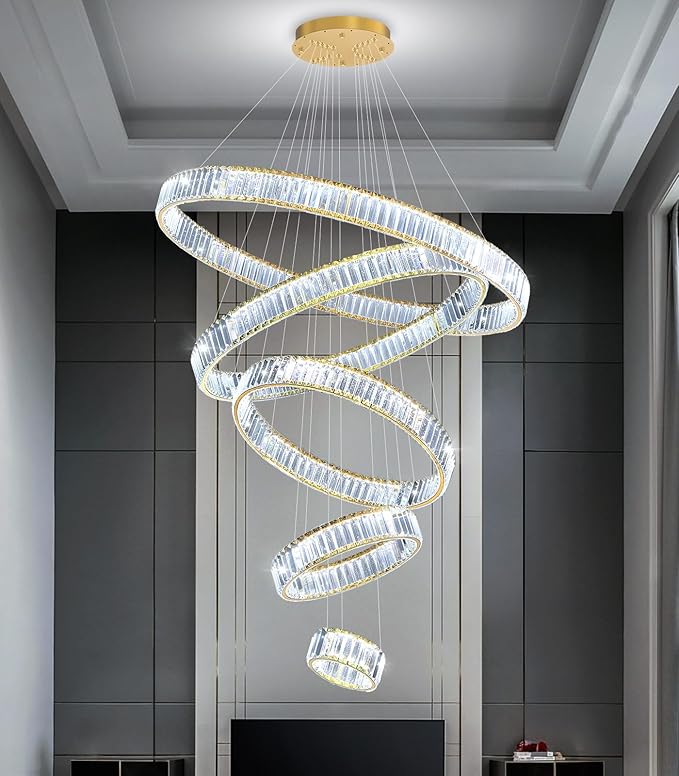 Large Ring Crystal Chandelier Modern Dimmable Chandelier High Ceiling Chandelier Round LED Ceiling Light Fixture for Foyer Long Stair Big Chandelier Gold 8''+16''+24''+32''+40''