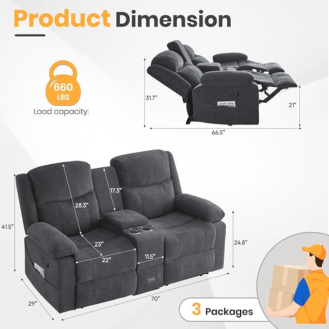 Loveseat Recliner Sofa with Massage & Heating, Reclining Loveseat with Console, RV Wall Hugger Double Loveseat Recliner Couch for Living Room & Home Theater (Chenille-Grey)