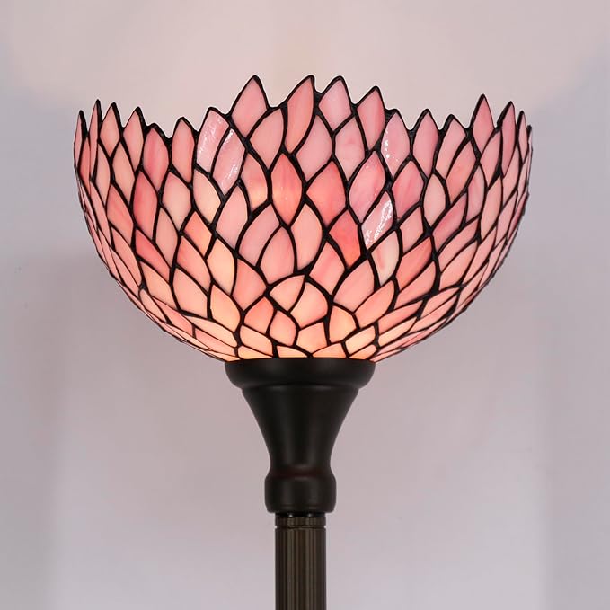 WERFACTORY Tiffany Floor Lamp Pink Stained Glass Wisteria Light 12X12X71 Inches Pole Torchiere Standing Corner Torch Uplight Decor Bedroom Living Room Home Office S523P Series