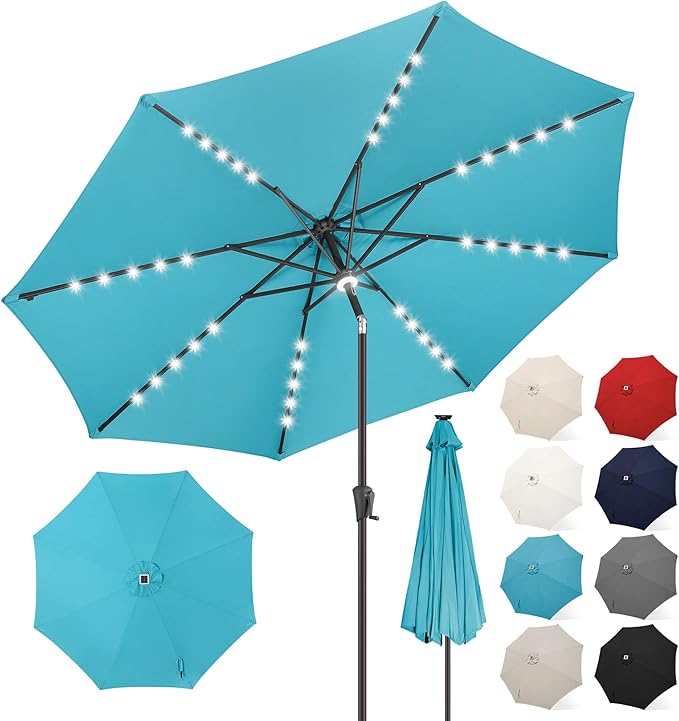 FLAME&SHADE 10 FT Solar Light Patio Umbrella, 40 LED lights outdoor umbrella with Centre Surround Light, Table Market Umbrella for Deck, Pool, Porch, Backyard, Garden, UV Protection, Aqua Blue