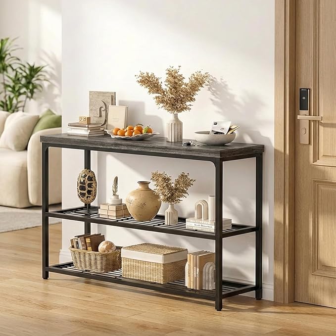 47" Console Table with Storage, 3-Tier Narrow Entryway Table, Sofa Table with Mesh Shelves, Console Tables for Living Room, Bedroom, Hallway, Entryway, Foyer, Oak Grey