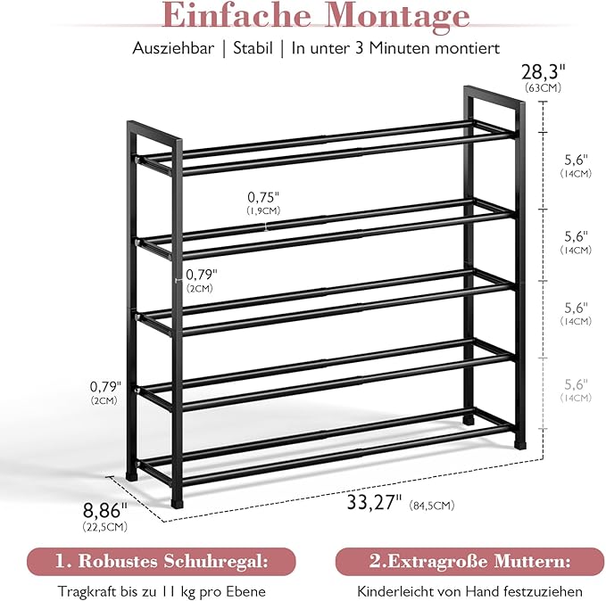 Bumusty 5-Tier Expandable Shoe Rack for Closet, 18“-33” Adjustable Shoe Rack for Small Space, Small Shoe Organizer for Front Door, Sturdy Metal (Black)