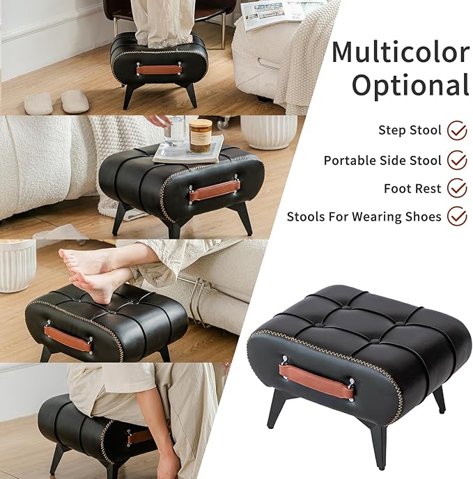 Small Footstool Ottoman - Stylish and Functional Faux Leather Footrest for Extra Seating in Living Room, Entryway, or Office