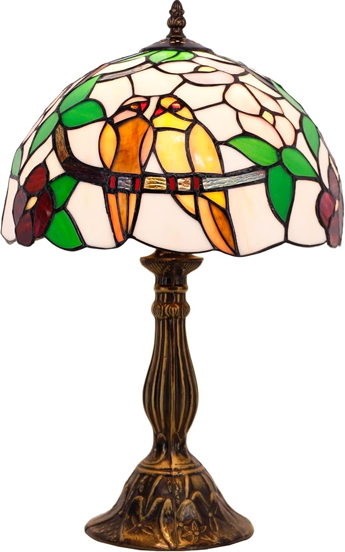 WERFACTORY Tiffany Table Lamp Stained Glass Bedside Lamp Double Tropical Birds Desk Reading Light 12X12X18 Inches Decor Bedroom Living Room Home Office S803 Series