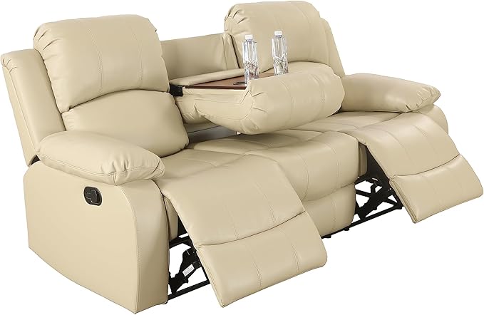 Manual Reclining Sofa Modern Recliner Sofa Couch 3 Seater Leather Reclining Sofa Living Room Furniture Couch with Cup Holders & Flip-Down Table for Home/Office/Rv Car (Beige, 3 Seater Sofa)