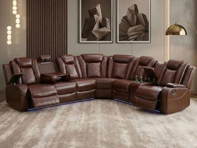 Power Recliner Sectional Sofa with LED Light, Breathing Leather Recliner Sofa Couch with Storage/Cup Holder for Living Room Home Office Theater (Red)