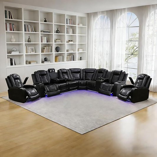 Power Recliner Sectional Sofa Set, Black Leather Sectional Couch and 2 Chairs for Living Room, L Shape Reclining Sofa with Cup Holder, Hidden Storage, Drop-Down Table for House(7 Seat)