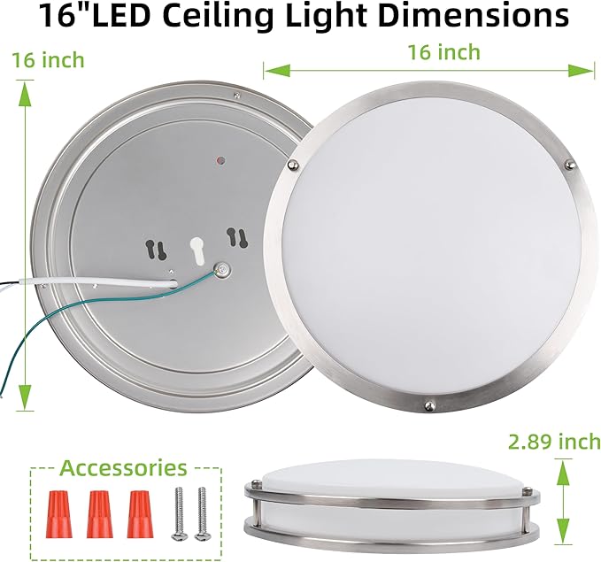 hykolity 16 inch Dimmable LED Flush Mount Ceiling Light Fixture, Brushed Nickel, 36W, 2200LM, 2.7/3/3.5/4K/5K Adjustbale, 120°Light Angle, CRI90, Ceiling Lamp for Bedroom, Kitchen, Office, ETL Listed