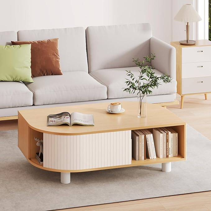 Boho 39.4" Coffee Table with Storage - Leaf-Shaped Wood Center Table, Retro Fluted Central Table with Sliding Door for Living Room Home Office, Oak