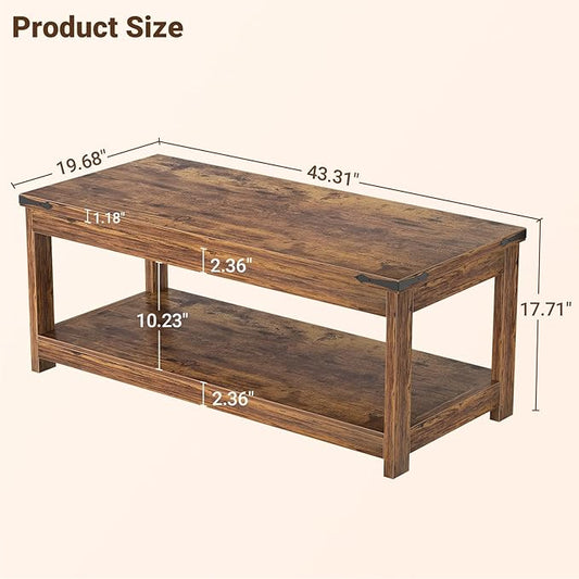 Homieasy Coffee Table with Storage Shelf, 43.3” Farmhouse Wood Coffee Tables for Living Room, Modern Center Tea Table, Rustic Brown