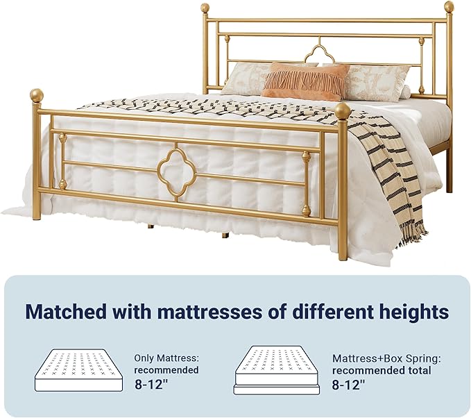 Allewie King Size Metal Platform Bed Frame with Victorian Vintage Headboard and Footboard/Mattress Foundation/Under Bed Storage/No Box Spring Needed/Noise-Free/Easy Assembly, Gold